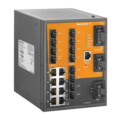 Weidmüller industriel managed switch IE-SW-SL20M-8GT-12GESFP-LV med orange front og synlige RJ45- og fiberporte, set skråt forfra.