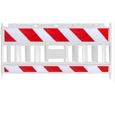 Robust spærrebom i hvid plast med røde og hvide advarselsstriber, mål 200 x 100 cm, designet til højrehåndsanvendelse.