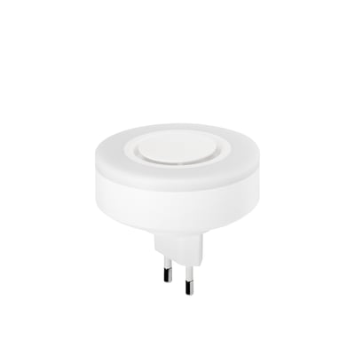 Housegard Luma trådløs sirene i hvidt, kompakt rundt design med stik til 230 V og batteribackup.