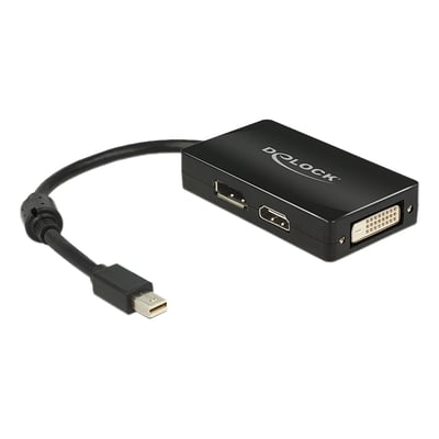 DeLock adapter med mini Displayport 1.1 hanstik og hun-porte til Displayport, HDMI og DVI i sort.