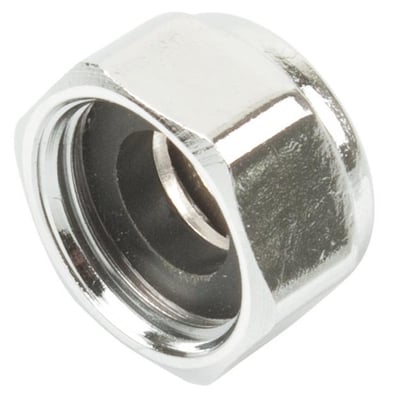 Unico forkromet omløber med 1/2" indvendigt gevind og plads til 12mm rør. Fremviser gevinddetaljer og poleret overflade.