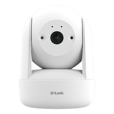 Hvidt D-Link DCS-6501LH/EC1 2K Wi-Fi-kamera med panorering og vippefunktion set forfra.