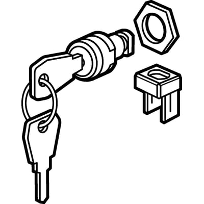 Legrand lås med nøgle nr. 850, vist med løse dele inklusive nøgle og låsecylinder i illustration.