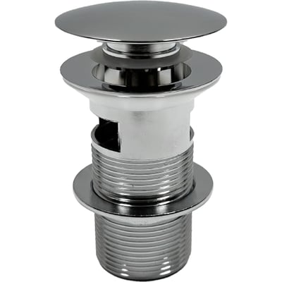 Svedbergs push-open bundventil i blank krom med rund topplade og gevindskåret underdel, 62 mm.
