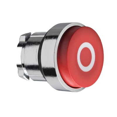 Schneider Electric trykknaphoved ZB4 i rød med hvidt "0" symbol og kromfront, isoleret på hvid baggrund.