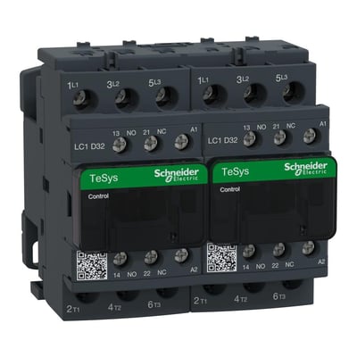 Schneider Electric TeSys D reverseringskontaktor 32A, 400VAC, med 2x3-polet og 2NO+2NC kontakter, grå og grøn.
