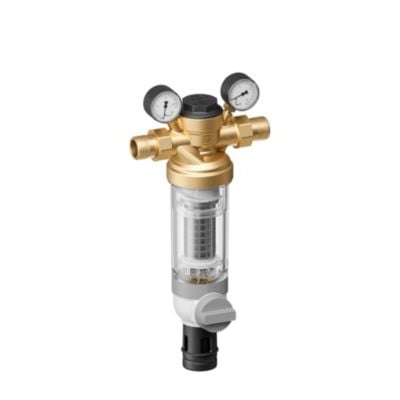 Resideo returskyllefilter F76S-3/4LFA til DN20 med to manometre, gyldne tilslutninger og gennemsigtig filterbeholder.
