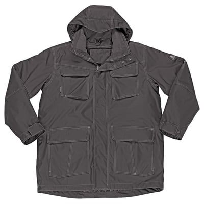 Mascot mørk antracit parka vist fladt, med synlige kontrastsyninger, fire forlommer og aftagelig hætte.