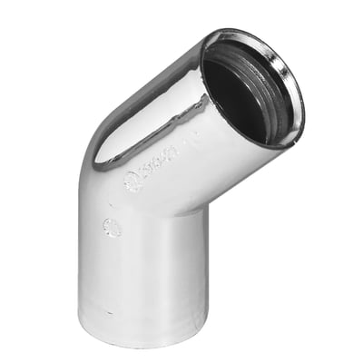 Forkromet Purus-vinkel på 45° i plast til Ø32 mm indstik, set skråt med den åbne muffe synlig.