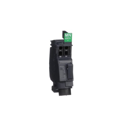 Schneider Electric spole MN 440-480V, en sort trip-spole med grøn mærkat med "MN 480V" teksten.