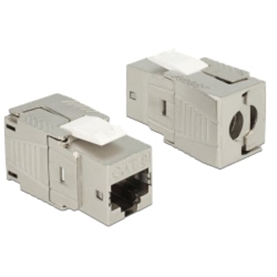 DeLock Cat.8 RJ45 Keystone-modul i sølvfarvet metal, der viser den værktøjsfri tilslutning og RJ45-porten.