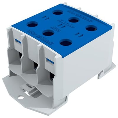 Katko AL/CU klemme med blå top og hvid bund, mærket til 3X2,5-50MM² og 160A, vist med en let vinkel.