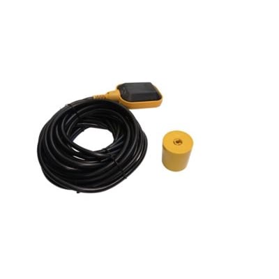 Elteco niveauvippe til rent vand med 10m sort PVC-kabel og en gul modvægt, hvid baggrund.