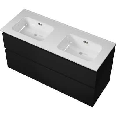 Sanibell Proline møbelsæt 121x46cm i matsort med integrerede greb og to hvide porcelænsvaske med overløb.