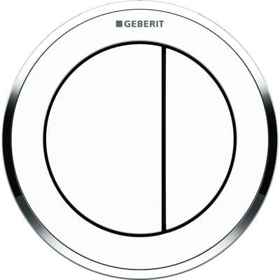 Geberit Omega10 betjeningsplade til dobbeltskyl i hvid plast med krom detaljer og sort inddeling. Med Geberit logo øverst.