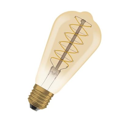 Detaljeret billede af Osram Ledvance 1906 Edison guld LED-pære med spiral filament, 4,8W og E27 fatning, isoleret på hvid baggrund.