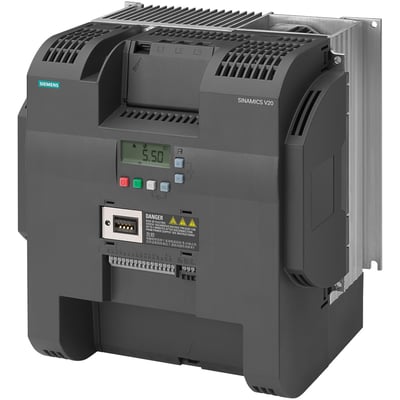 Siemens SINAMICS V20 frekvensomformer på 22KW med en tydelig digital skærm der viser '5.50' Hz, omgivet af kontrolknapper og advarselsskilte.