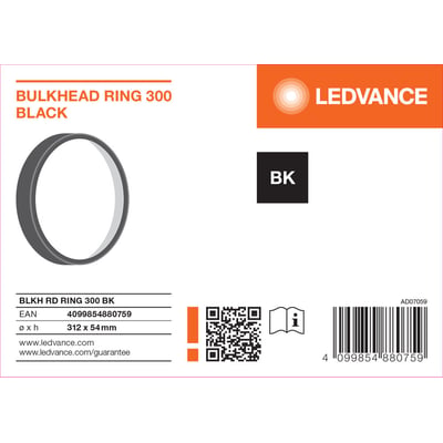 Emballage med illustration af Ledvance Surface Bulkhead Outdoor-dekorationsring, 300 mm, i sort.