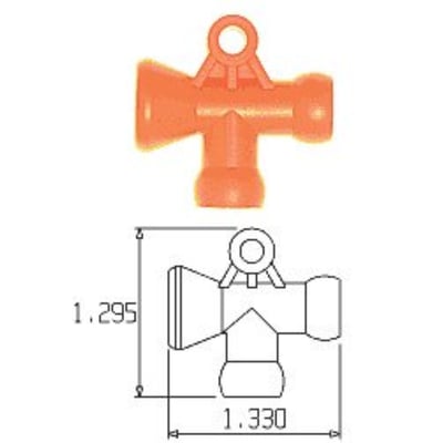 Orange T-stykke til Loc-Line system med 1/4" tilslutning, vist med dimensionstegning.