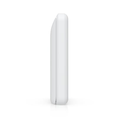 Kompakt, hvid Ubiquiti UniFi Travel Router Long-Range med et slankt, afrundet kabinet set fra siden.