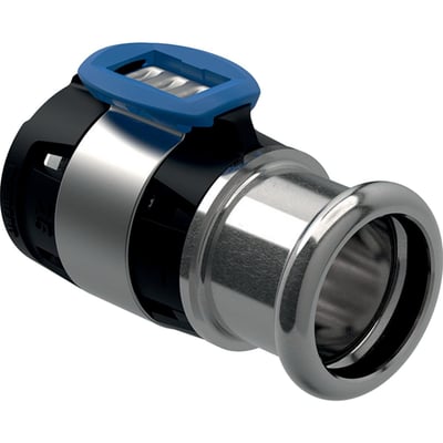 Geberit FlowFit overgang 32x28mm i rustfrit stål med sort plastikdetalje og blå presseindikator, vist i et nærbillede.