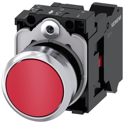 Siemens Sirius Act 22mm trykknap i metal med rund, høj rød knap og synlig 1 NC fjederterminal på sort baggrund.
