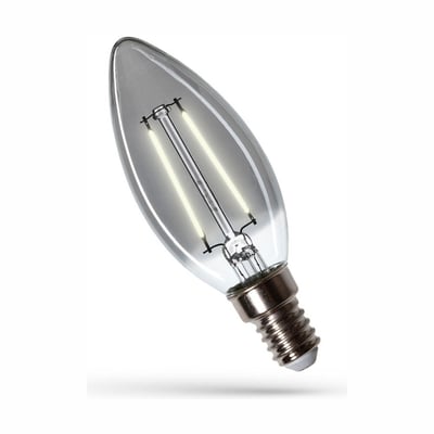 SpectrumLED E14 LED-lyskilde på 2,5 W med kultrådseffekt og 4000 K, vist tændt med klart glas.