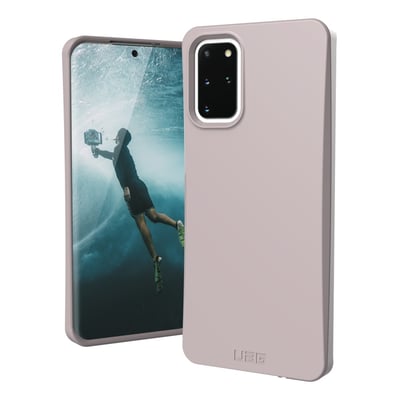 Lilla UAG Outback-cover til Samsung Galaxy S20+ vist forfra og bagfra med hævede kanter omkring kameraet.