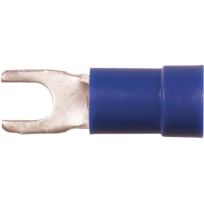 Blå isoleret gaffelkabelsko fra Elpress, model A2565G, med sølvfarvet gaffel til 1,5-2,5 mm² leder og M6.