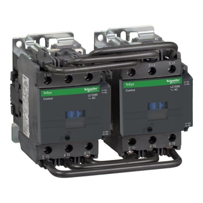 Schneider Electric TeSys D reverseringskontaktor, 80A 3-polet med 2NO+2NC kontakter og 110V AC spole, monteret side om side for reversering.