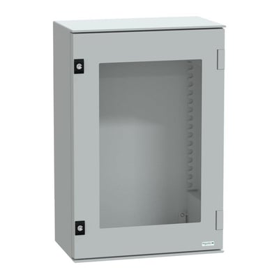 Schneider Electric vægskab i lysegrå polyester, 647x436x250 mm, vist fra siden med transparent rude.