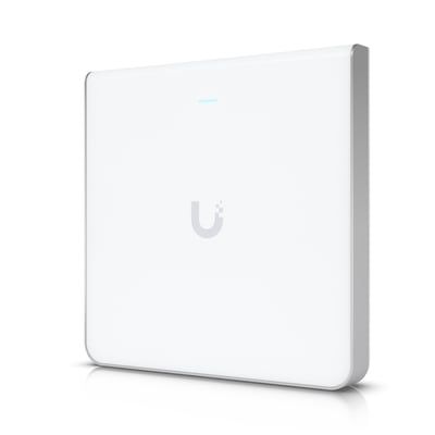 Ubiquiti Access Point U6 Enterprise In-Wall set forfra i en vinkel, med logo og blåt statuslys.
