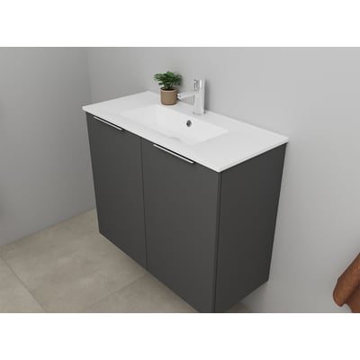 Sanibell Online møbelsæt i mat antracit, 81 cm bredt, med hvid porcelænsvask, armatur og to låger.