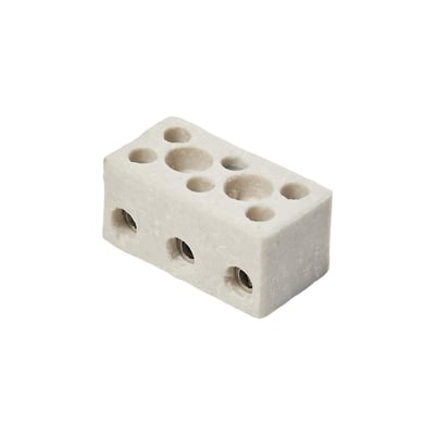 VAERK 3-polet kronemuffe i porcelæn til kabler på 6mm2 massiv leder med 6 runde huller på toppen og 3 skrueterminaler på hver side.