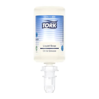 Tork industri flydende sæbe, 1000 ml til S4, vist forfra i beholder med dispenserpumpe.