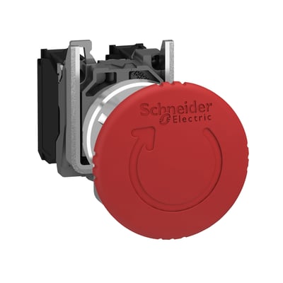 Schneider Electric nødstop med rød Ø40 mm trykplade og ATEX-godkendelse, vist med monteringskrop og kontaktelementer.
