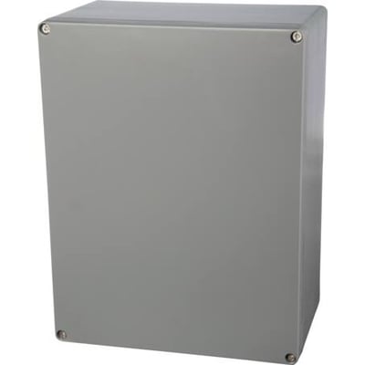 Fibox ALU monteringskasse i aluminium grå, 310x403x180mm, med fire synlige skruer ved hjørnerne.