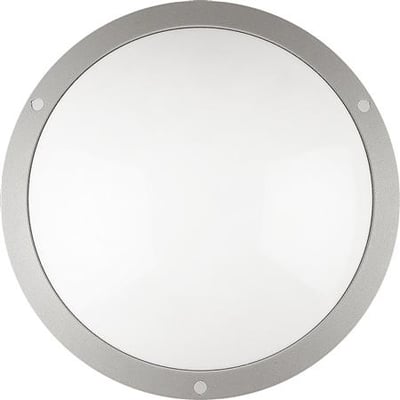 Rund, grå Hide-a-lite Moon PUB. plafond med stor opal afskærmning og tre synlige skruehuller i kanten.