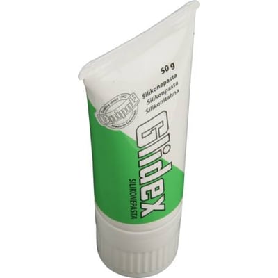 En hvid tube med grøn skråstreg og stor tekst 'Glidex', indeholdende 50 gram silikone glidemiddel.