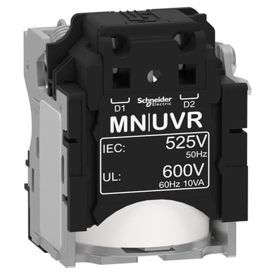 Schneider Electric spole MN 525-600VAC til NSX100-630 med tydeligt mærkat der viser tekniske specifikationer.