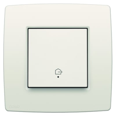 Niko 'forlad hjem'-tryk i hvid til Niko Home Control med integreret sensor og hus-symbol på en cremefarvet ramme.