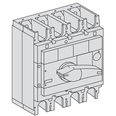 Tegning af Schneider Electric Interpact INS320, 3-polet lastafbryder, viser 3-fase konfiguration og betjeningsgreb.