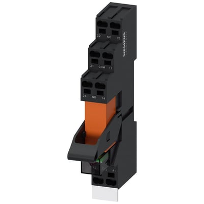 Siemens stikbensrelæ RT4D4S15 med 2 CO kontakter, 115V, LED-modul og push-in klemmer. Relæet har mærkning med '22 NC 12', '21 COM 11' og '24 NO 14'.