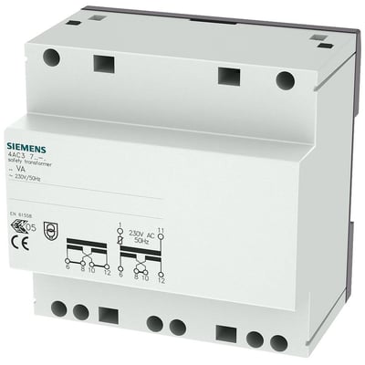Siemens sikkerhedstransformator 40VA, 230V primær og 2x12/24V sekundær med mærkat og diagrammer.