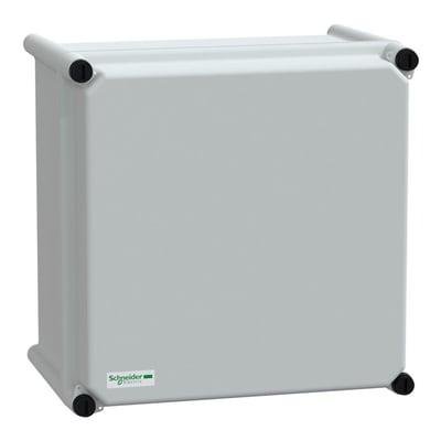 Schneider Electric kapsling 7035 MOD. 270x270x180mm i RAL 7035 grå PC plast med synligt Schneider Electric logo.