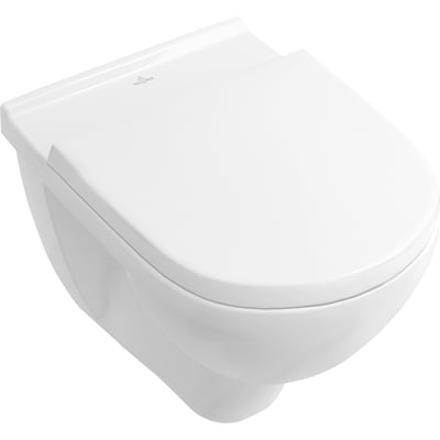 Villeroy & Boch O.Novo væghængt toilet i hvid med sæde, set skråt ovenfra.