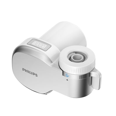 Philips On-tap filter i hvid og krom med digital display der viser '1000', designet til vandret montering på vandhanen.