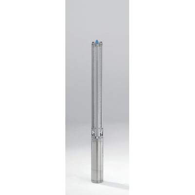 Grundfos dykpumpe SP 2A-9 i rustfrit stål, vist lodret på en lys grå baggrund.