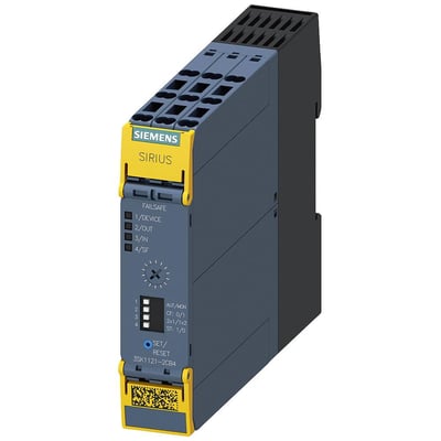 Siemens SIRIUS sikkerhedsrelæ 3SK1121-2CB4 med 2NO øjeblikkelige og 2NO forsinkede udgange, fremviser push-in terminaler og reset knap.