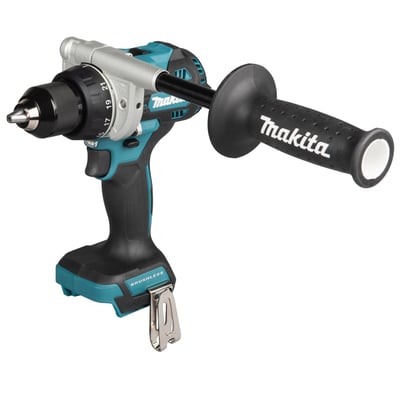 Makita 18V kulfri bore-/skruemaskine med kulfri motor og 130 Nm maksimalt moment, vist med ekstra håndtag.
